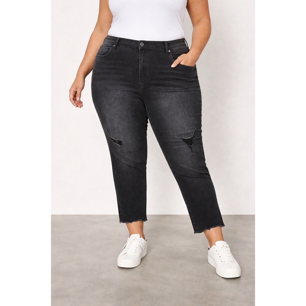 KUT From The Kloth Black Distressed Crop Jeans 22W Raw Hem Stretch Straight Leg